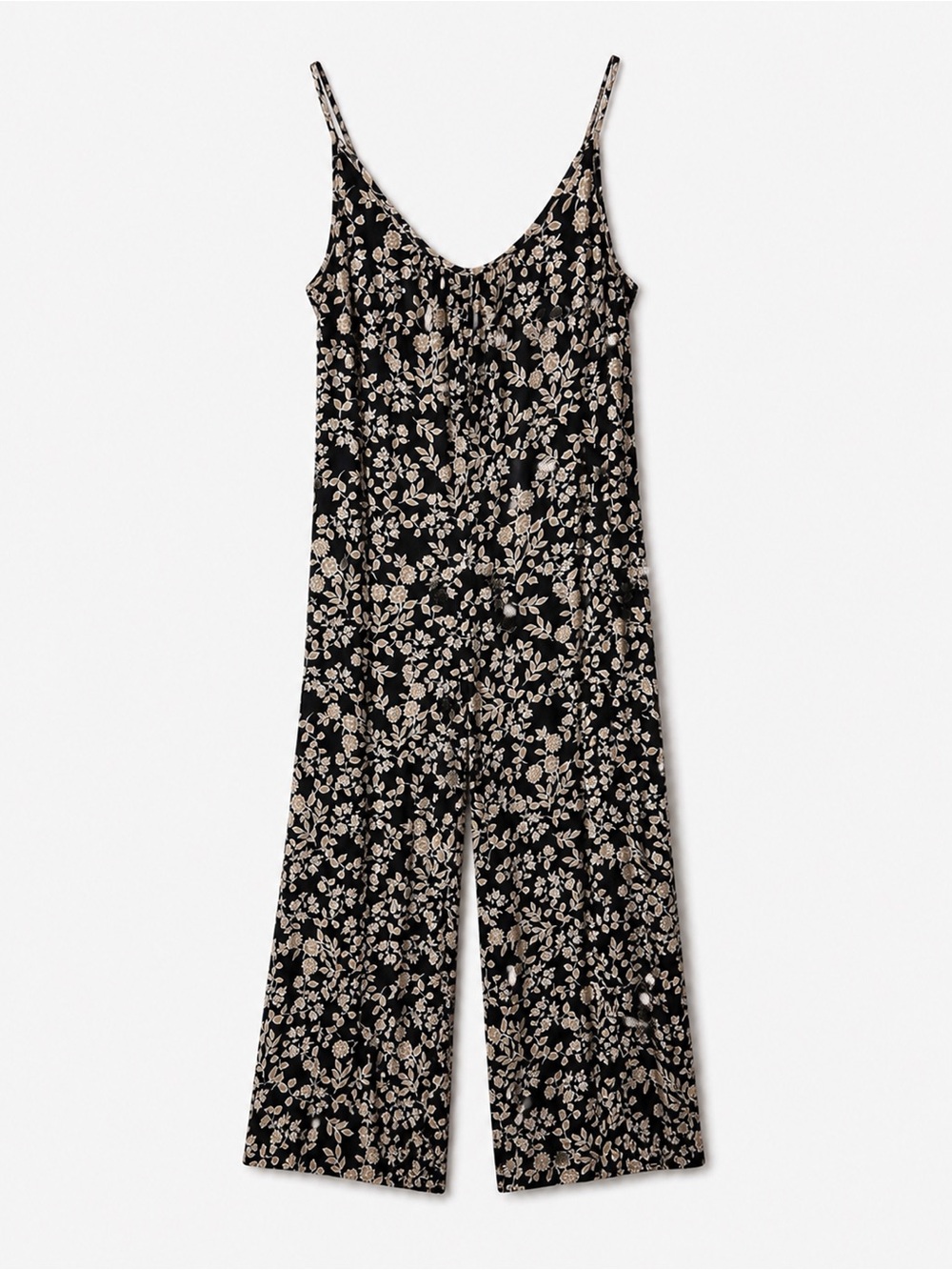 Ecothreads Floral Print Wide-Leg Jumpsuit in Black and Cream Size L Oversized